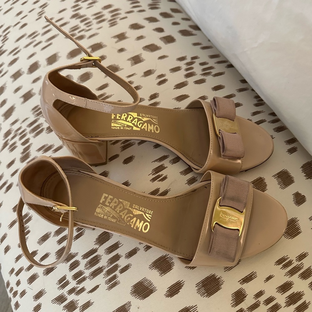 Ferragamo Vara Bow patent leather sandal, 2 inch block heel. Worn 3x. No scuffs